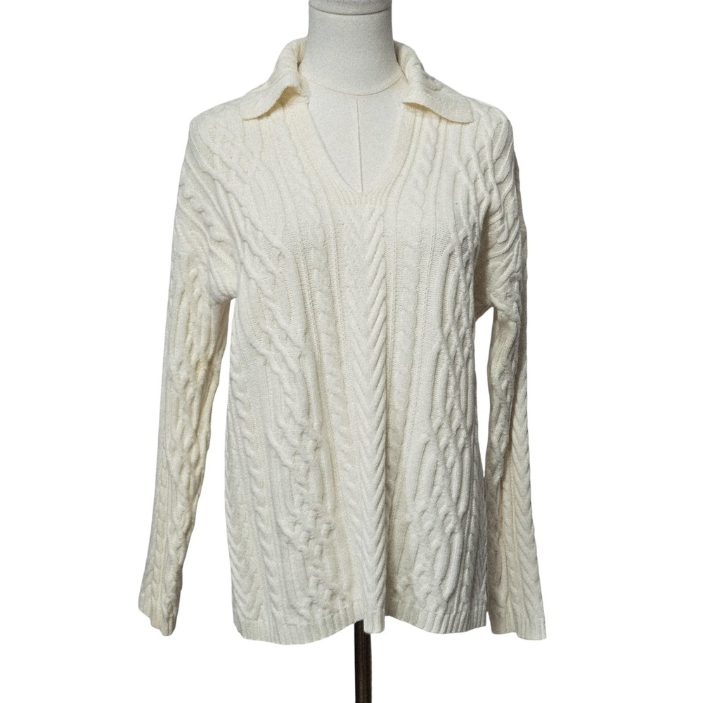 J. Jill Sweater Womens Small White Cable Knit Collared Long Sleeve‎ Pullover